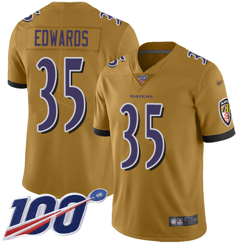 Baltimore Ravens Limited Gold Men Gus Edwards Jersey NFL Football 35 100th Season Inverted Legend